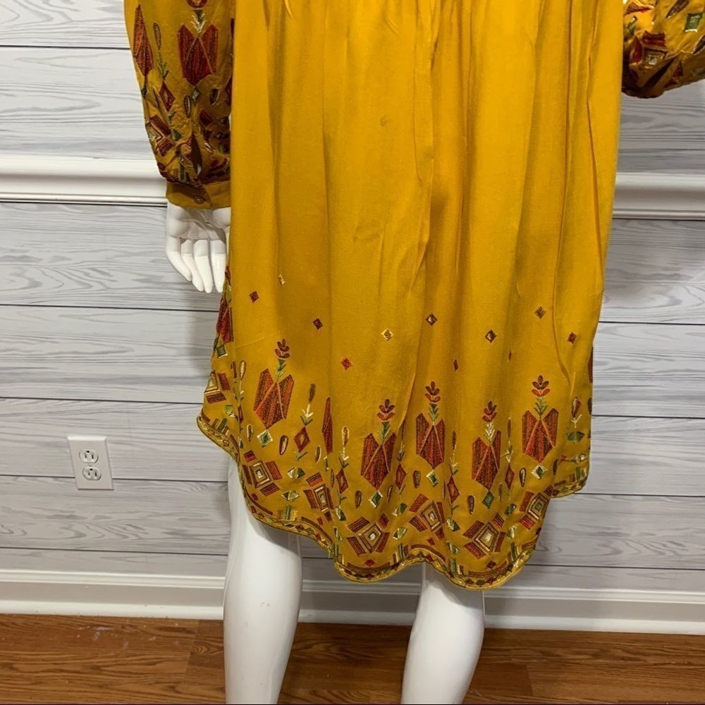 Beach Lunch Lounge Mustard Yellow Aztec Finely Embroidered Boho Dress - S - Picture 13 of 16
